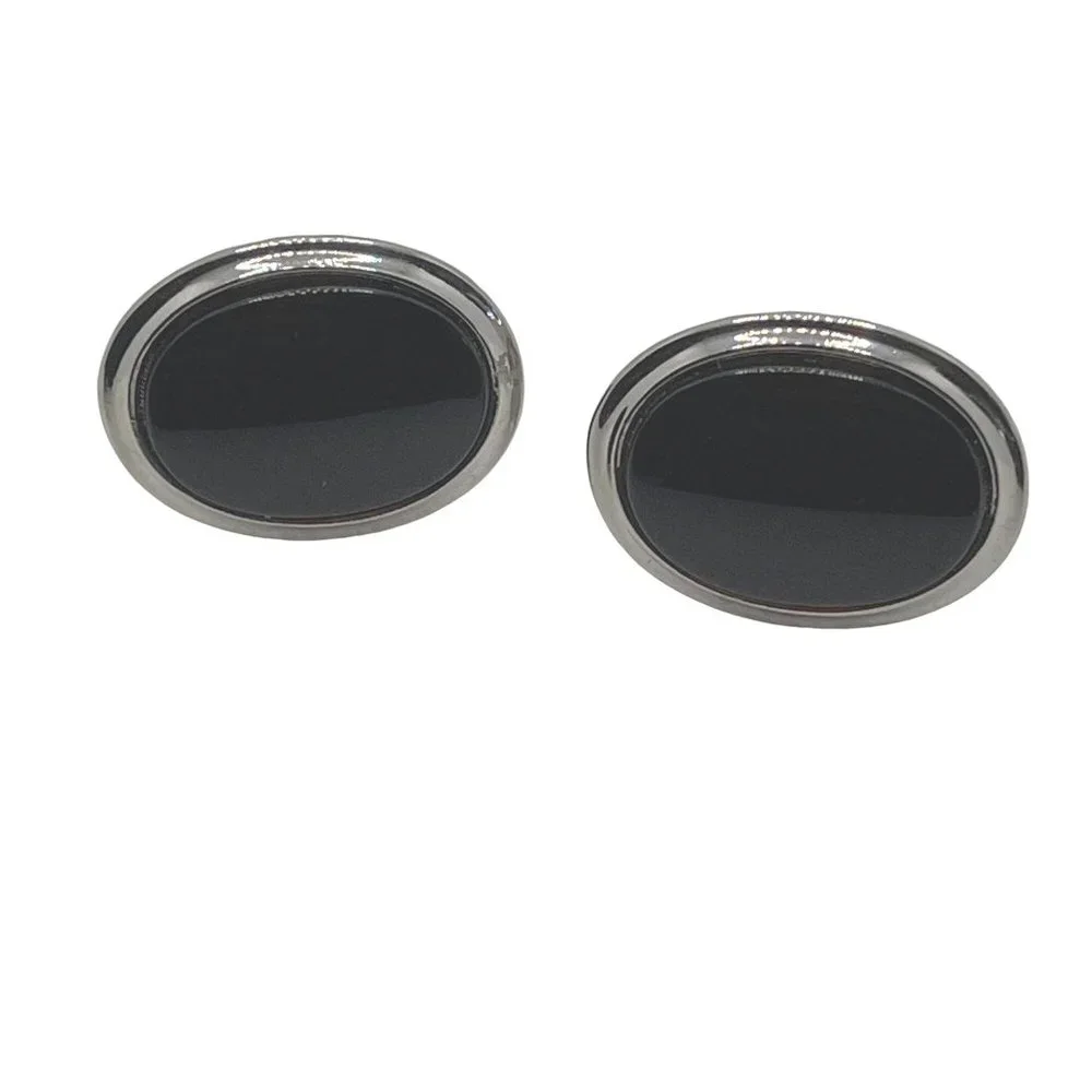 Vintage Silver-Tone Cufflinks Large Oval Black Center